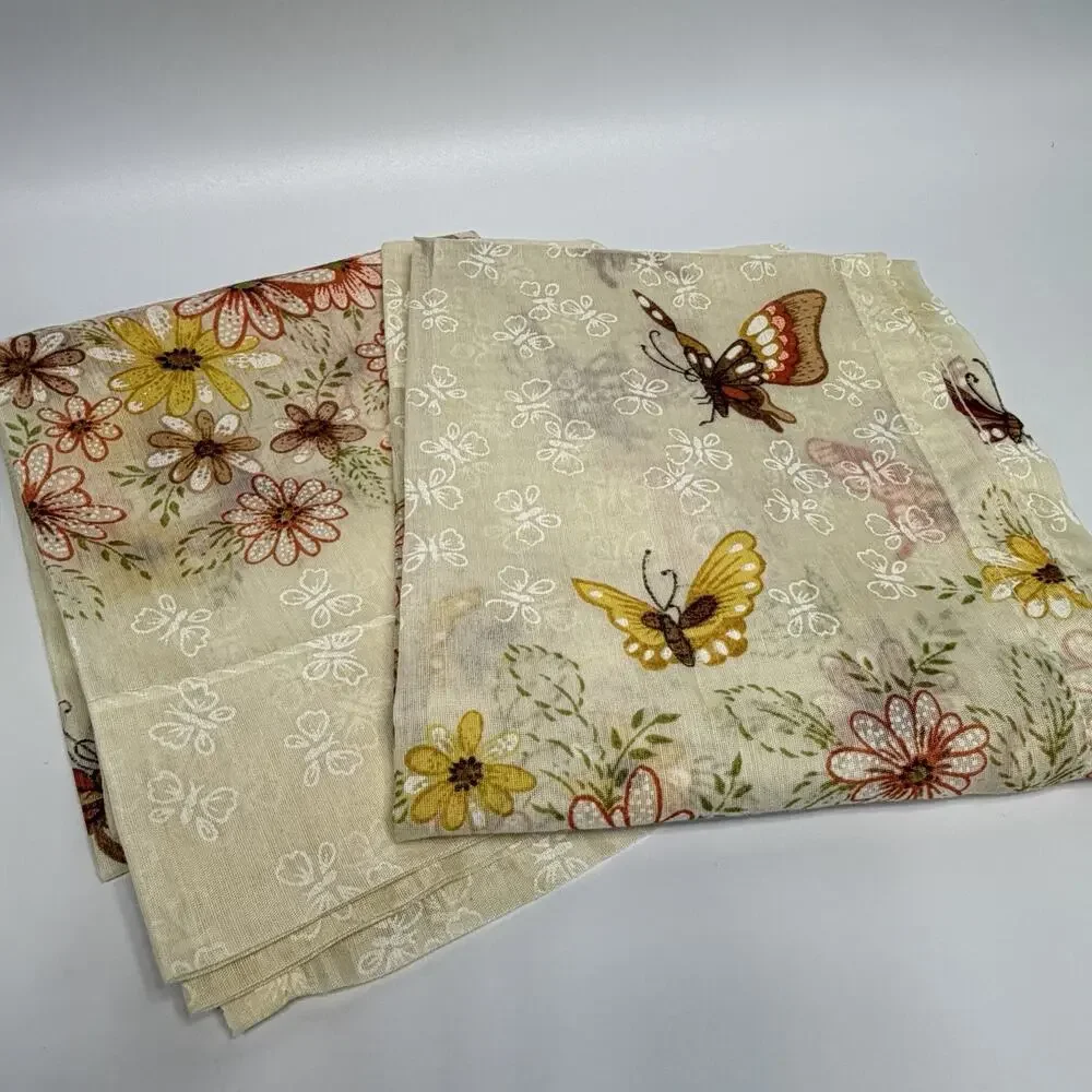 Set 2 Vtg1970s Flower Butterfly Sheer Cafe Curtains Nature Boho Brown Orange 36